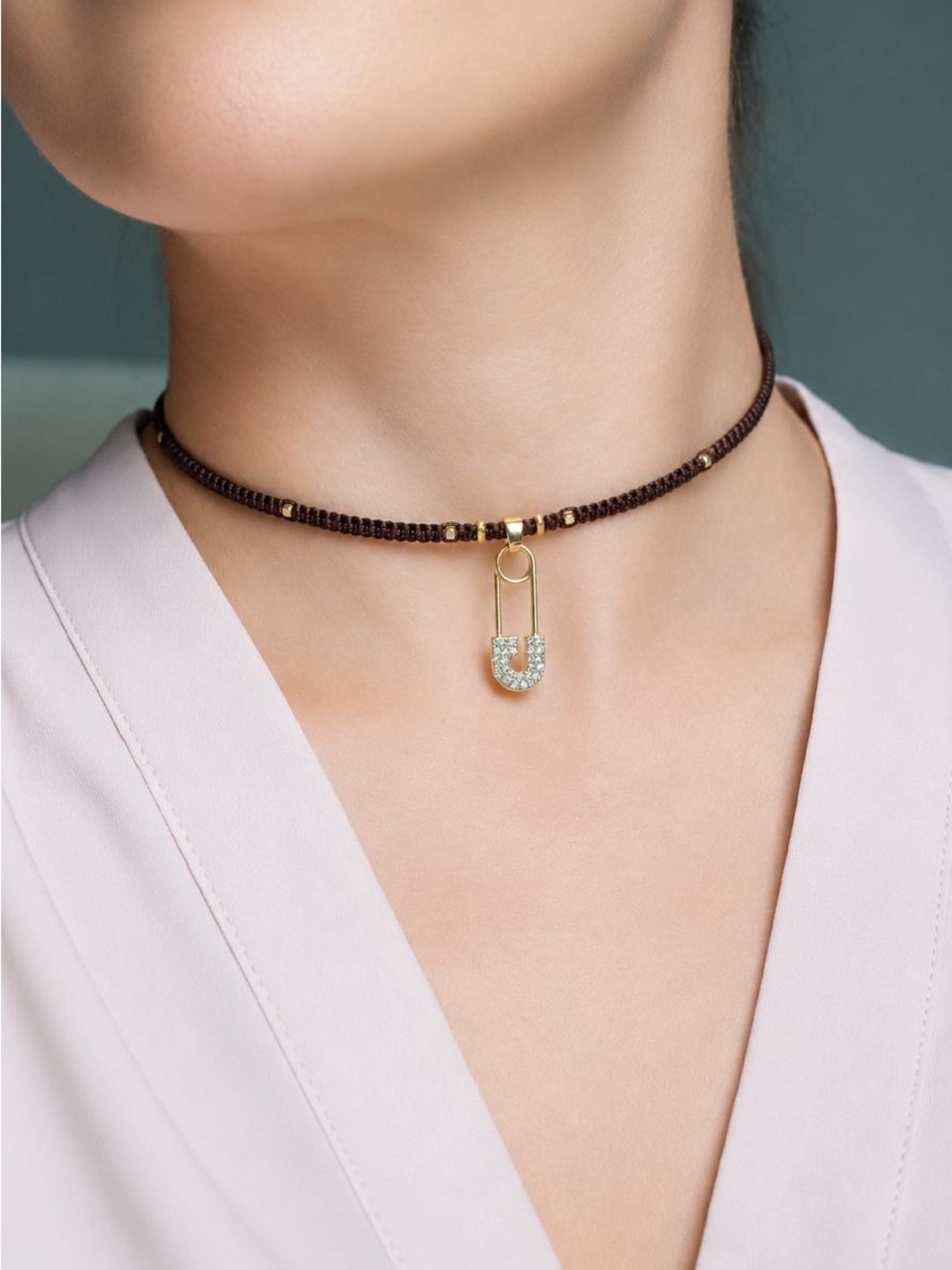 Gold Pavé Safety Pin Pendant Brown Beaded Choker